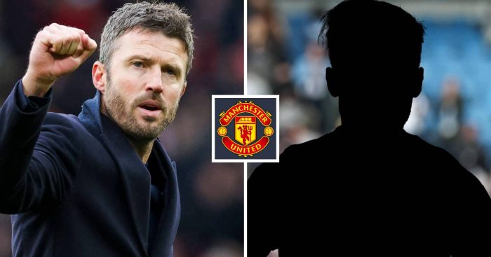 Split image of Manchester United interim manager Michael Carrick and a shadow with the Manchester United badge in-between - copyright TEAMtalk