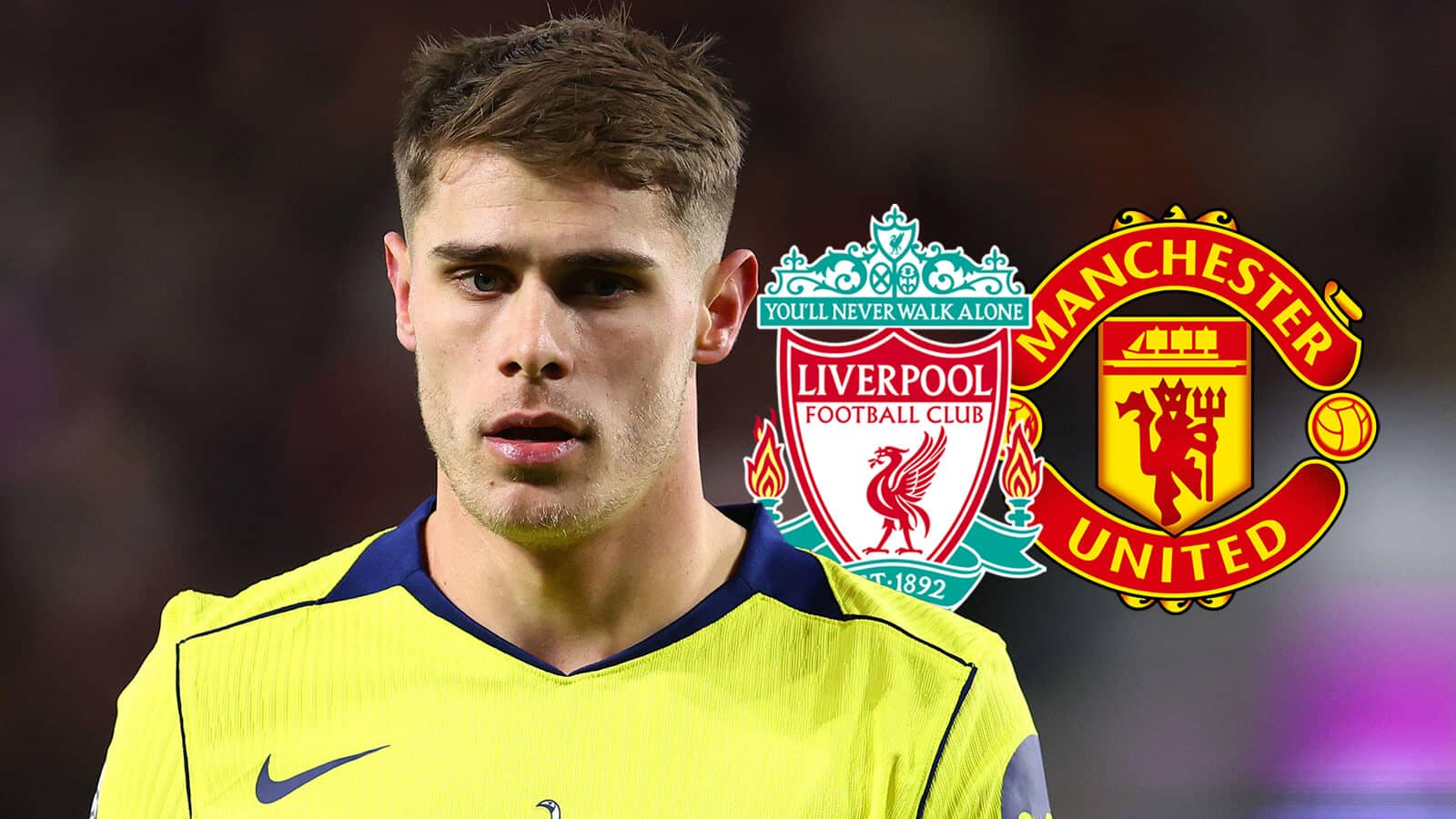 Tottenham star Micky van de Ven with Liverpool and Manchester United badges