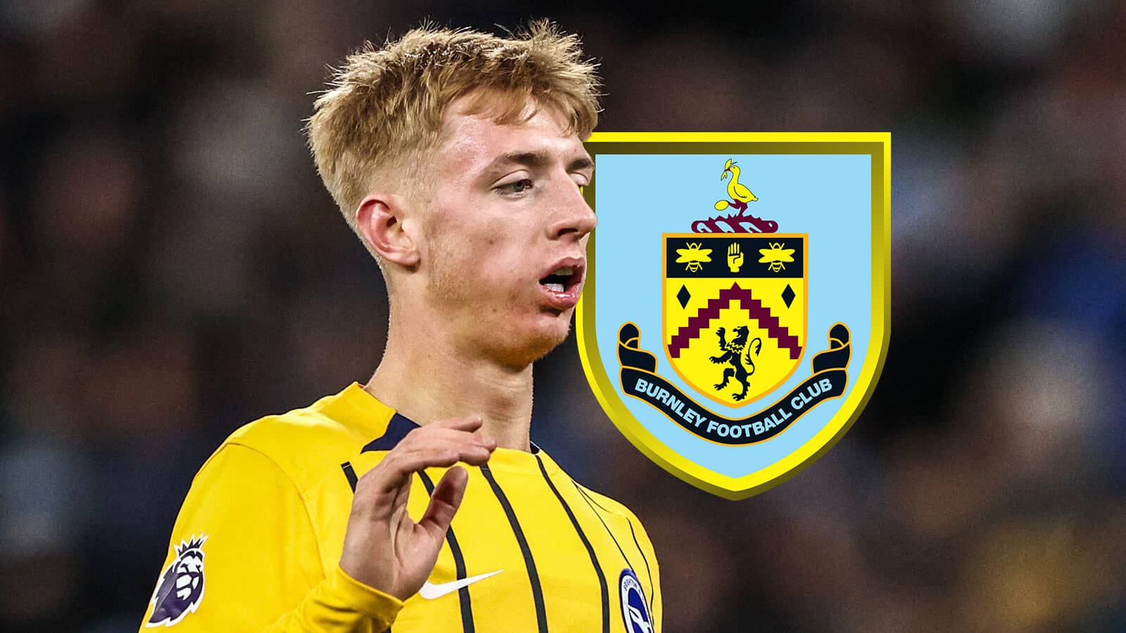 Brighton winger Tommy Watson next to the Burnley club crest