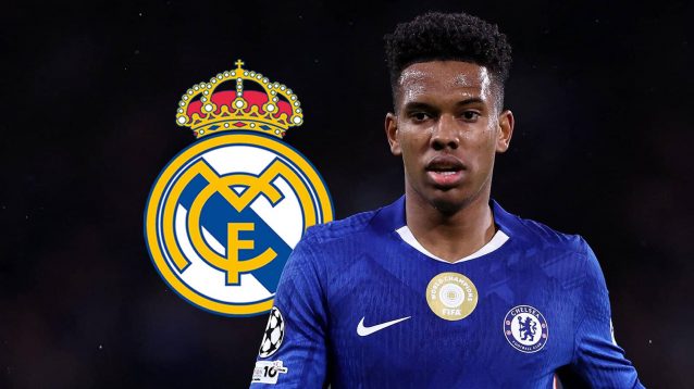 Chelsea winger Estevao Willian next to the Real Madrid badge - copyright TEAMtalk