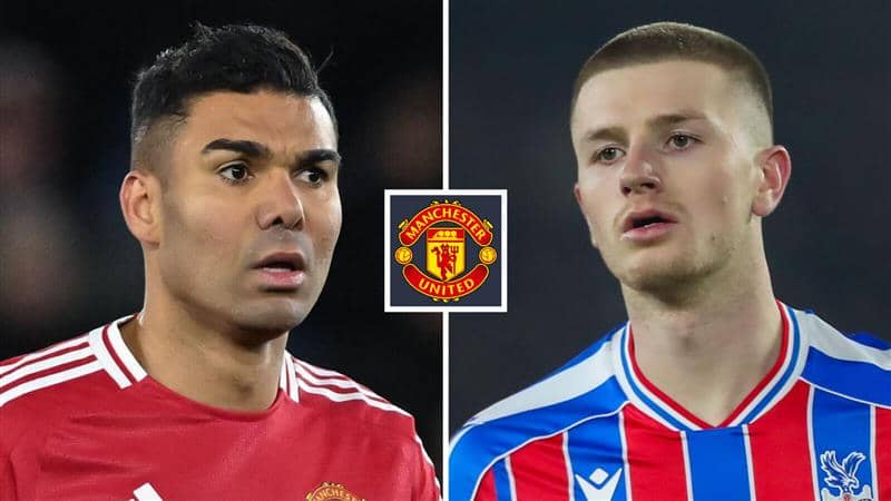 Split image of Manchester United midfielder Casemiro and Crystal Palace midfielder Adam Wharton with the Manchester United badge in between - copyright TEAMtalk