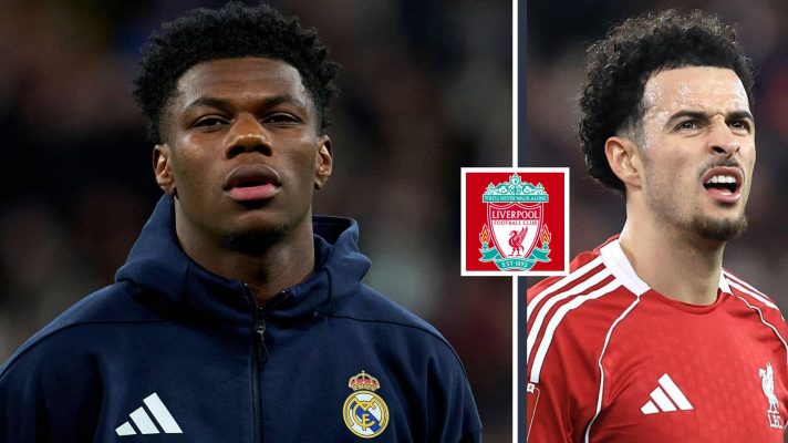 Aurelien Tchouameni and Curtis Jones pictured in a collage either side of the Liverpool badge