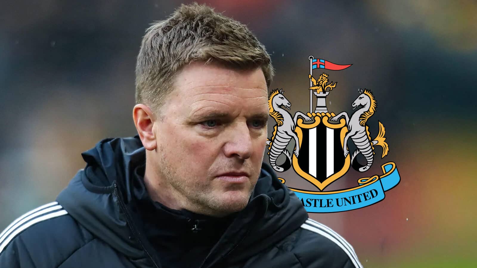 Newcastle United manager Eddie Howe next to the Newcastle United badge - copyright TEAMtalk