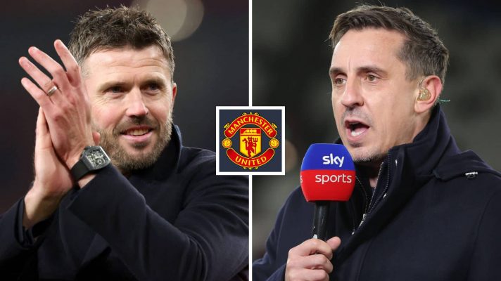 Manchester United interim manager Michael Carrick and pundit Gary Neville either side of the Manchester United badge