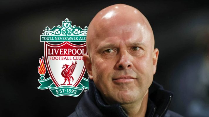 Liverpool manager Arne Slot next to he Liverpool badge - copyright TEAMtalk