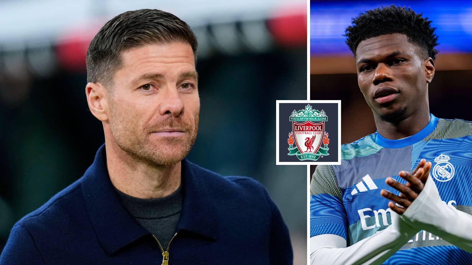 Xabi Alonso, the Liverpool badge and Aurelien Tchouameni in Real Madrid kit