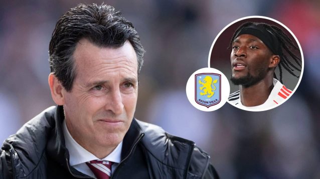 Aston Villa boss Unai Emery and, inset, Besiktas striker Tammy Abraham next to the Aston Villa badge