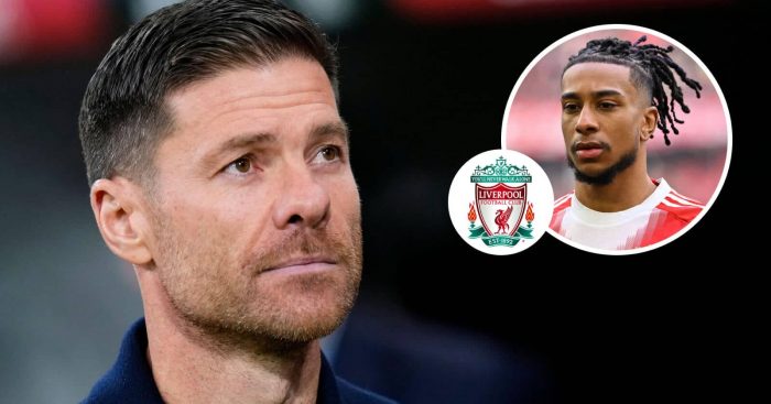 Liverpool manager target Xabi Alonso and, inset, Bayern Munich's Michael Olise next to the Liverpool badge