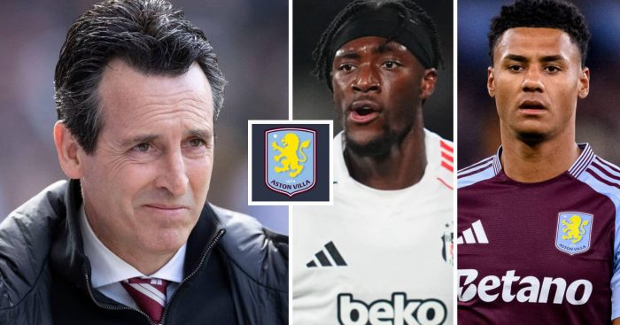 Unai Emery alongside Tammy Abraham and Ollie Watkins