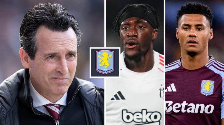 Unai Emery alongside Tammy Abraham and Ollie Watkins