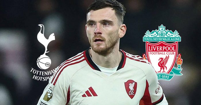 Liverpool star Andy Robertson either side of the Liverpool and Tottenham Hotspur badges