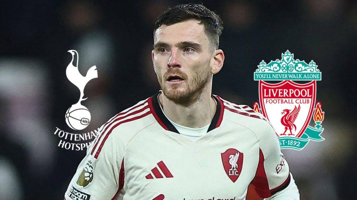 Liverpool star Andy Robertson either side of the Liverpool and Tottenham Hotspur badges