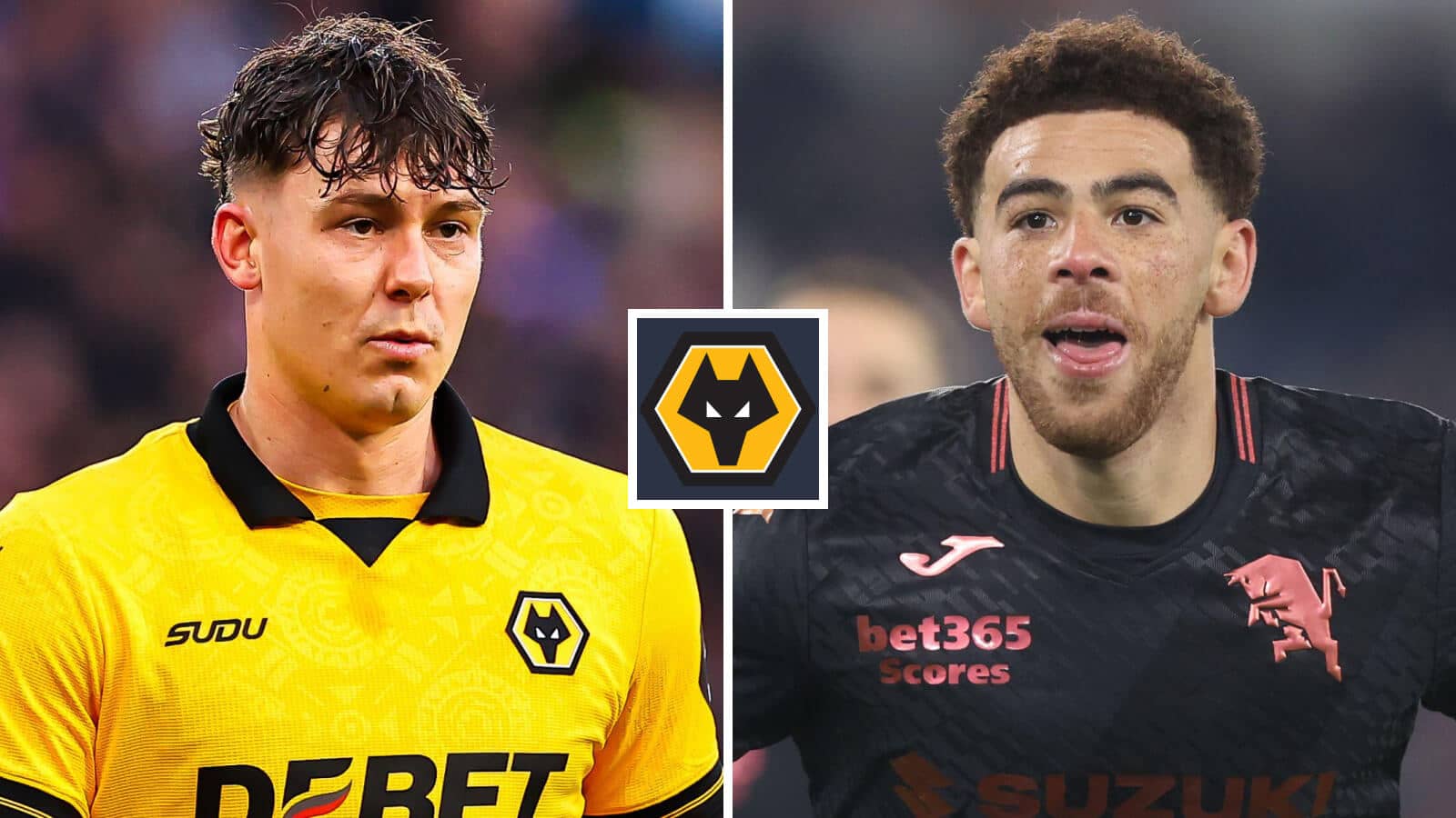 Jorgen Strand Larsen and Torino striker Che Adams either side of the Wolves badge