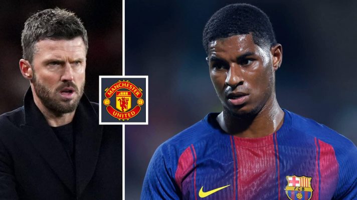 Michael Carrick, the Manchester United badge and Marcus Rashford in Barcelona kit