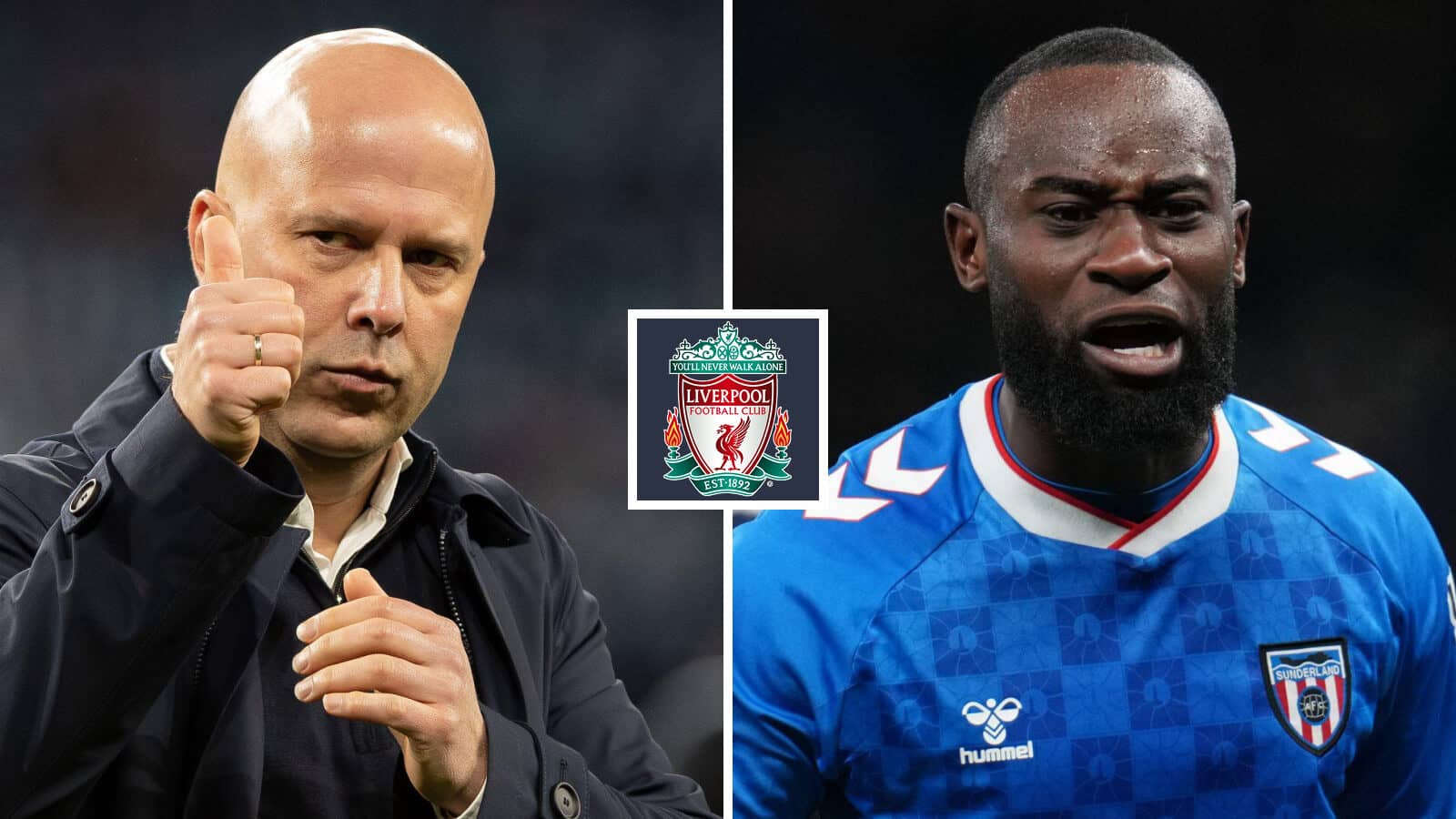 Split image of Liverpool manager Arne Slot and Sunderland defender Lutsharel Geertruida with the Liverpool badge in between - copyright TEAMtalk
