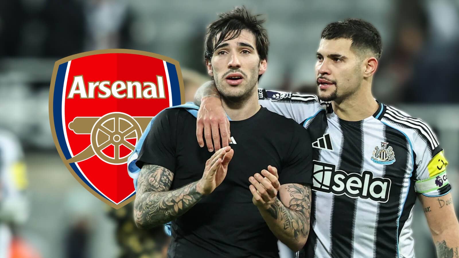 Newcastle stars Sandro Tonali and Bruno Guimaraes next to the Arsenal badge