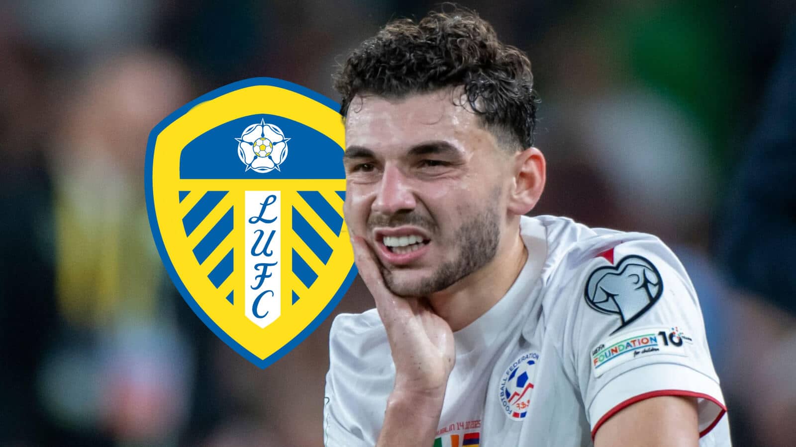 Armenia star Eduard Spertsyan next to the Leeds United badge