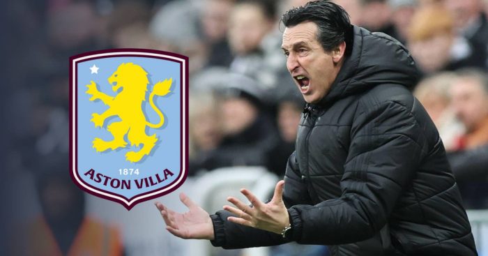 Unai Emery with Aston Villa badge