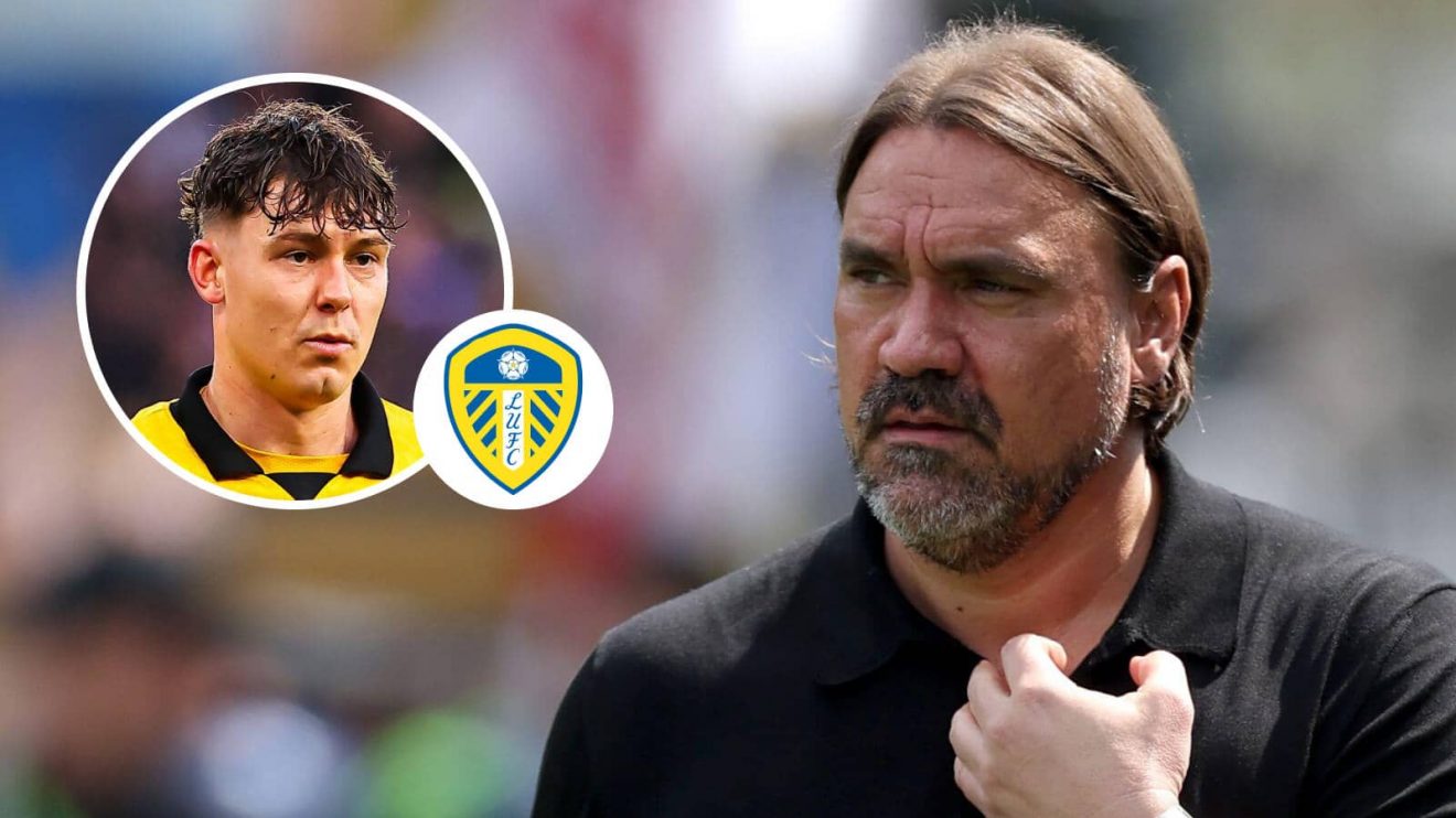 Leeds boss Daniel Farke and, inset, Jorgen Strand Larsen next to the Leeds United badge