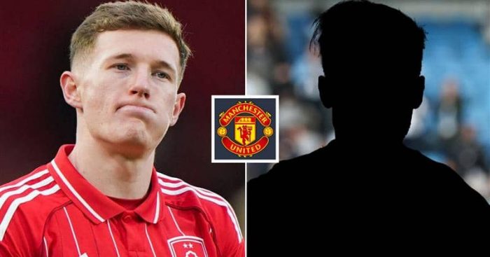 Split image of Nottingham Forest midfielder Elliot Anderson and a shadow with the Manchester United badge in between – copyright TEAMtalk