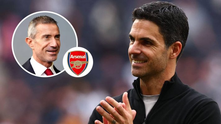 Arsenal sporting director Andrea Berta, Arsenal badge and manager Mikel Arteta – copyright TEAMtalk