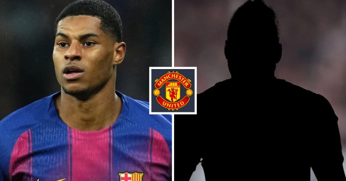 Marcus Rashford and Yan Diomande (shadow form) with Man Utd badge