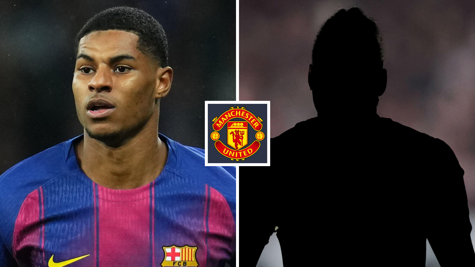 Marcus Rashford and Yan Diomande (shadow form) with Man Utd badge