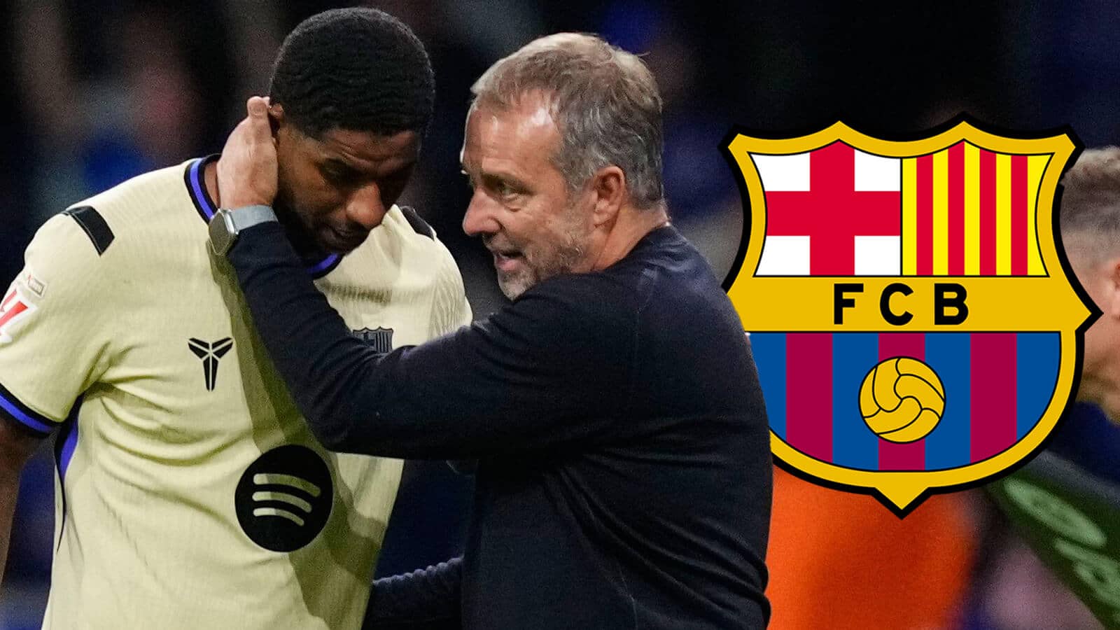 Barcelona coach Hansi Flick and Marcus Rashford next to the Barcelona badge