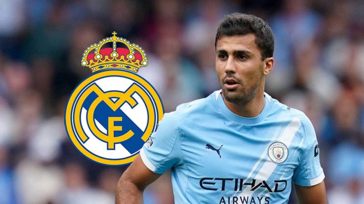 Manchester City star Rodri alongside a Real Madrid badge