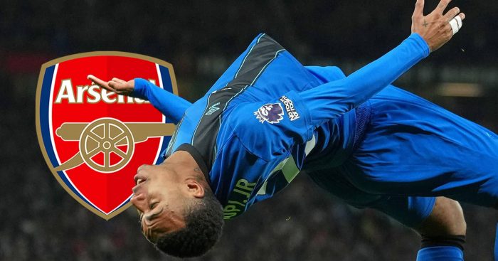 Bournemouth star Eli Junior Kroupi, seen here celebrating a goal, next to the Arsenal badge