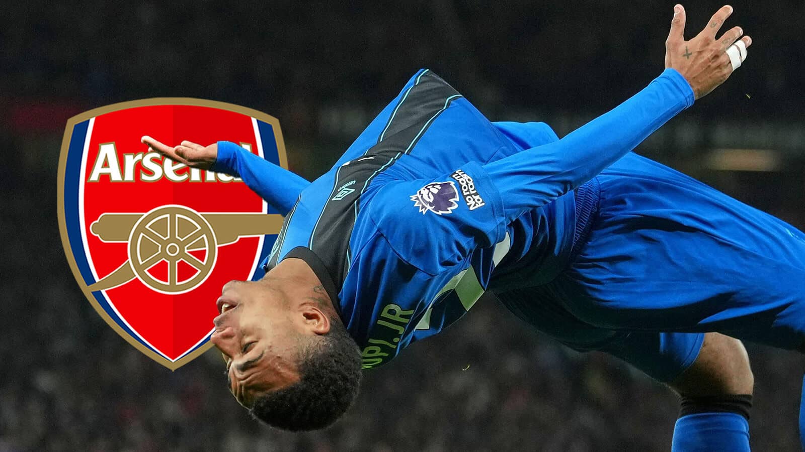 Bournemouth star Eli Junior Kroupi, seen here celebrating a goal, next to the Arsenal badge