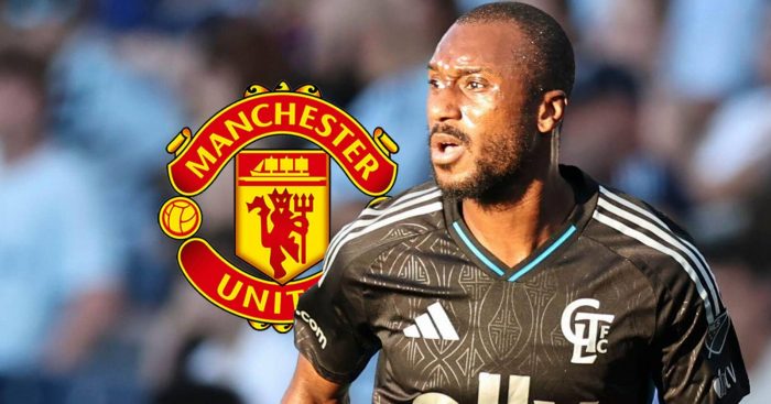 Charlotte FC teenager Nimfasha Berchimas next to the Manchester United badge – copyright TEAMtalk