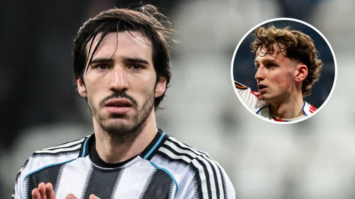 Sandro Tonali at Newcastle United and, inset, Tyler Morton at Lyon