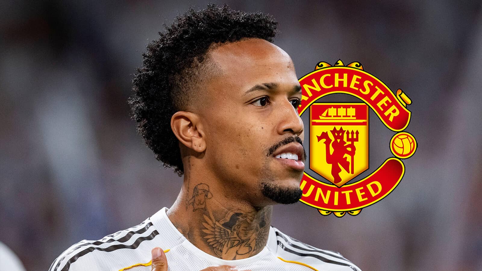Real Madrid star Eder Militao alongside a Manchester United badge