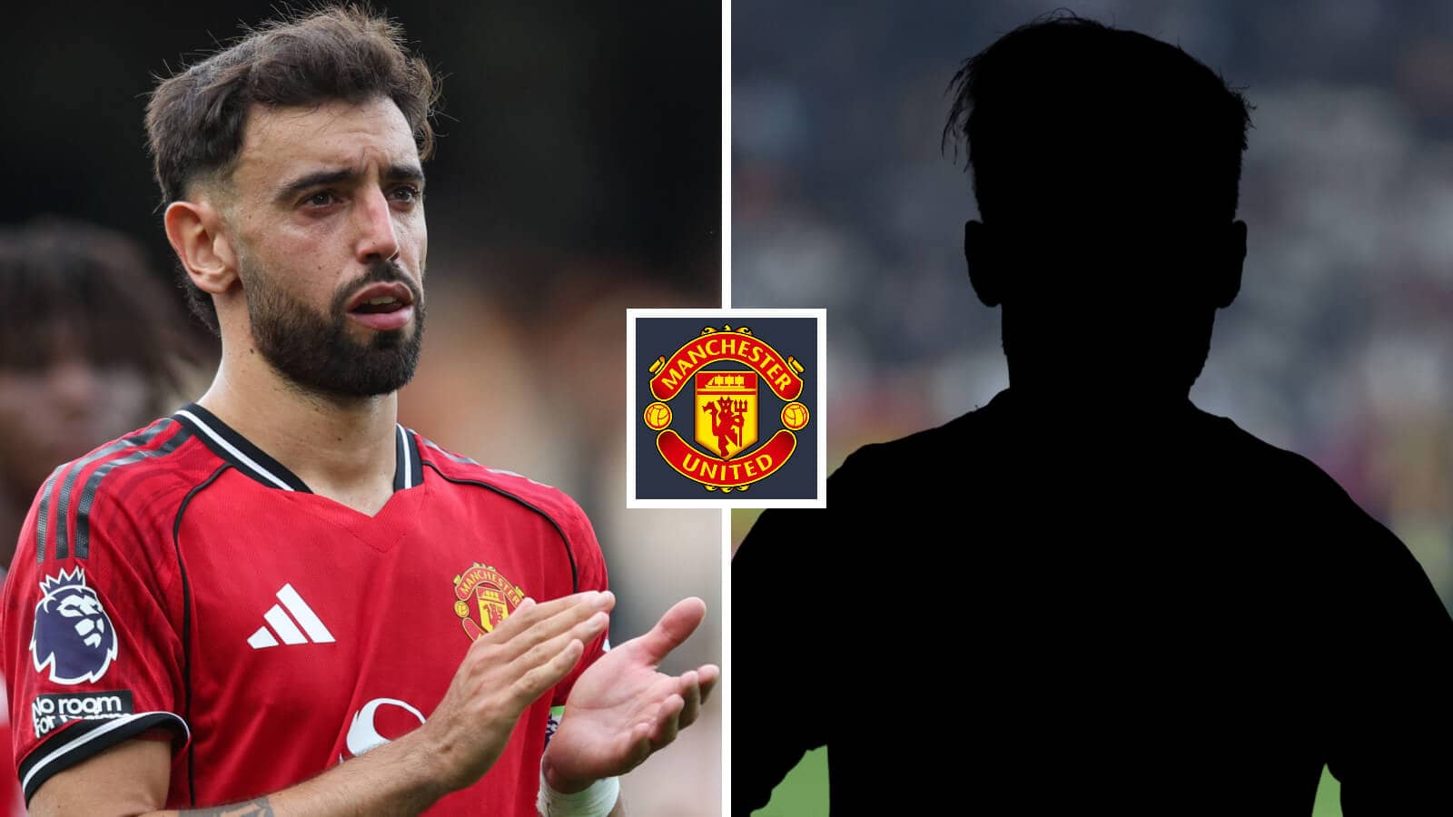 Split image of Manchester United midfielder Bruno Fernandes and a shadow with the Manchester United badge in between - copyright TEAMtalk