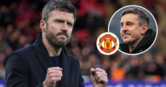Interim Man Utd boss Michael Carrick and, inset, Gary Neville, next to the Manchester United badge