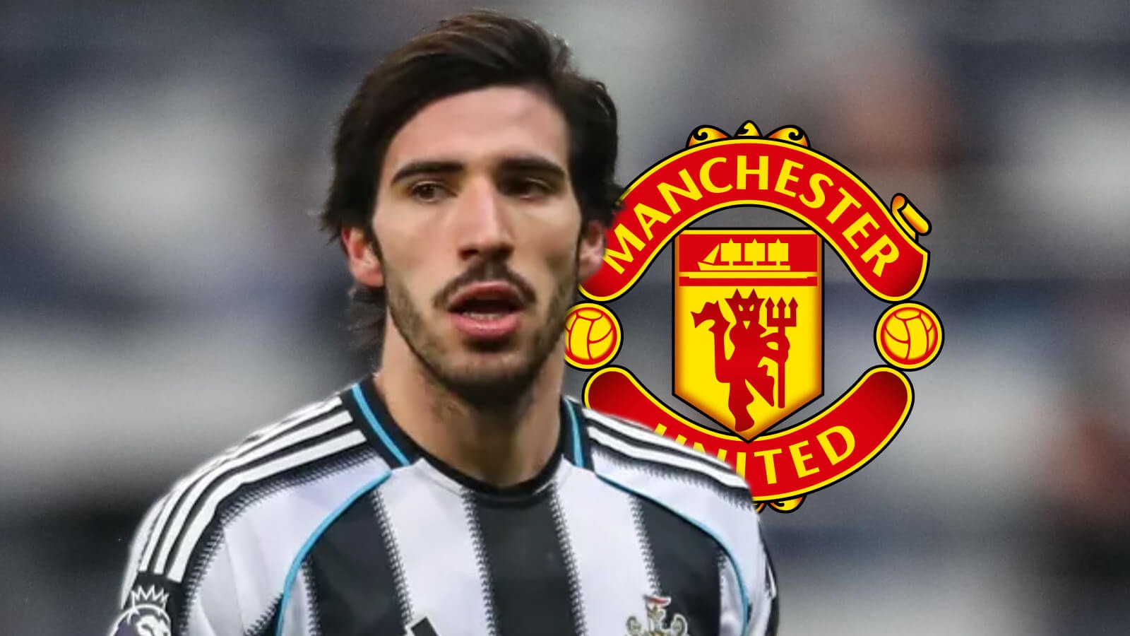 Newcastle midfielder Sandro Tonali and Man Utd badge