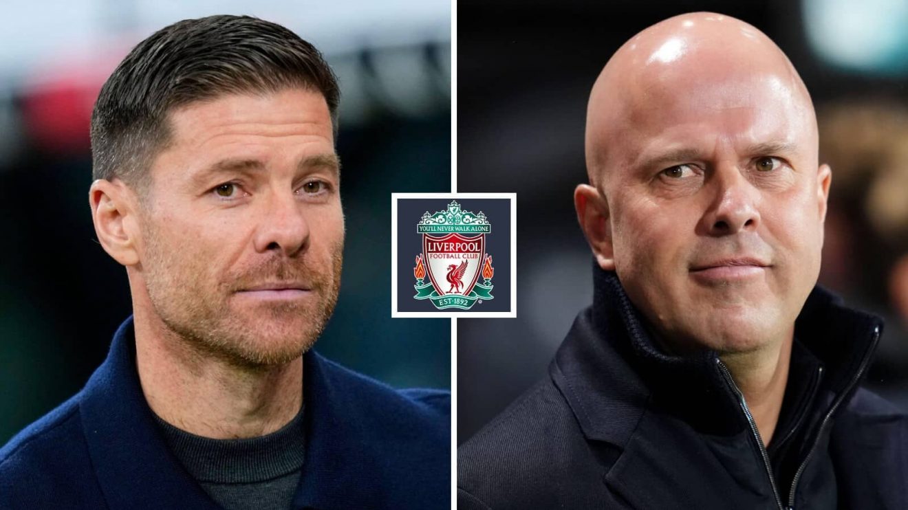 Xabi Alonso and Arne Slot either side of the Liverpool badge