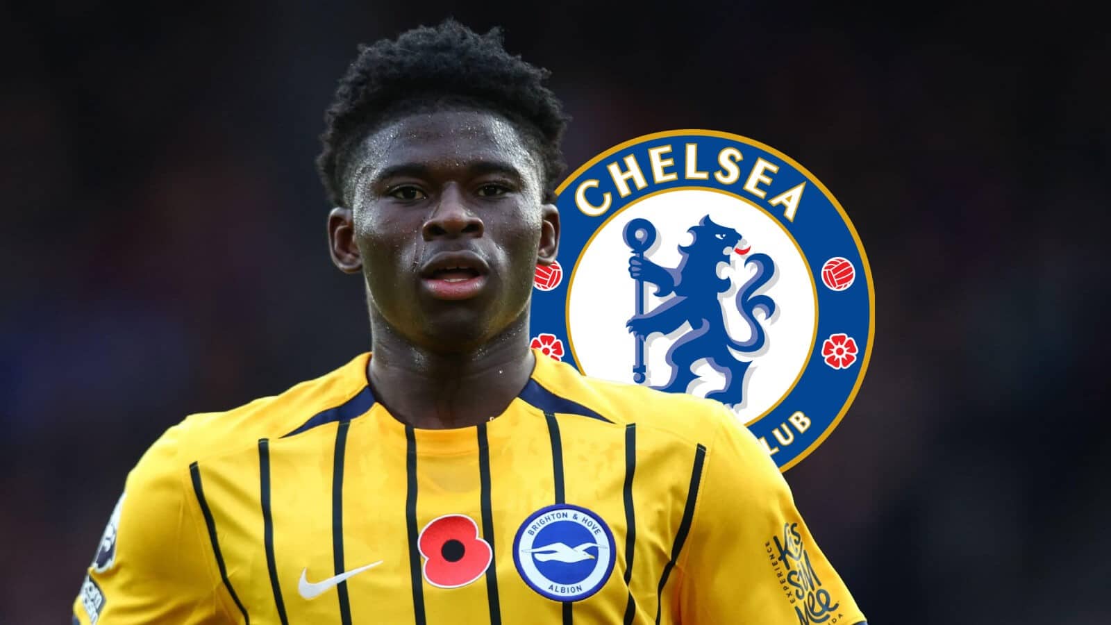 Brighton star Carlos Baleba with a Chelsea badge