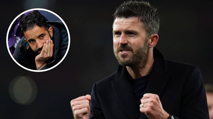 Michael Carrick celebrating, with an image of Ruben Amorim inset