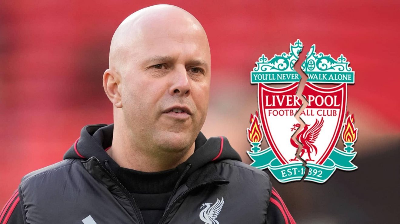 Liverpool manager Arne Slot next to a cracked Liverpool badge