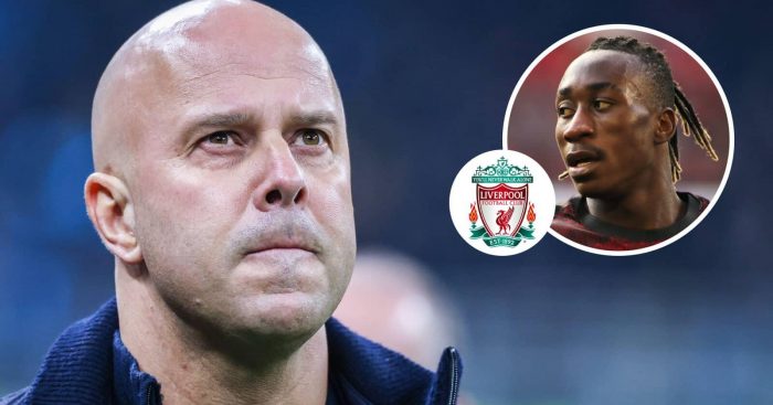 Liverpool manager Arne Slot, Liverpool badge and RB Leipzig winger Yan Diomande – copyright TEAMtalk
