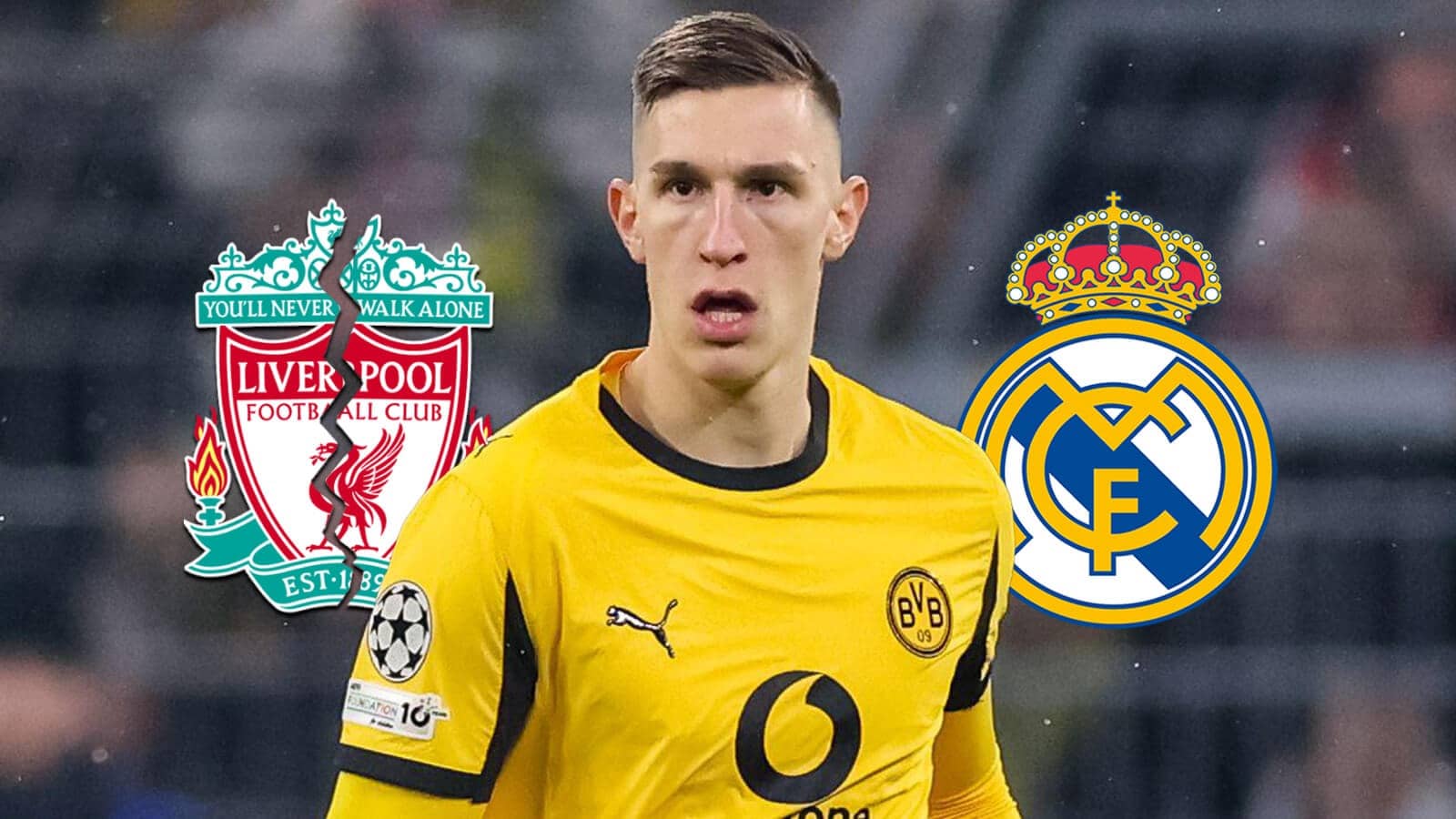 Cracked Liverpool badge, Borussia Dortmund defender Nico Schlotterbeck and Real Madrid badge - copyright TEAMtalk