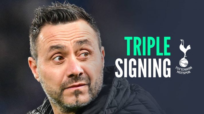 Roberto De Zerbi, text saying triple signing and the Tottenham badge