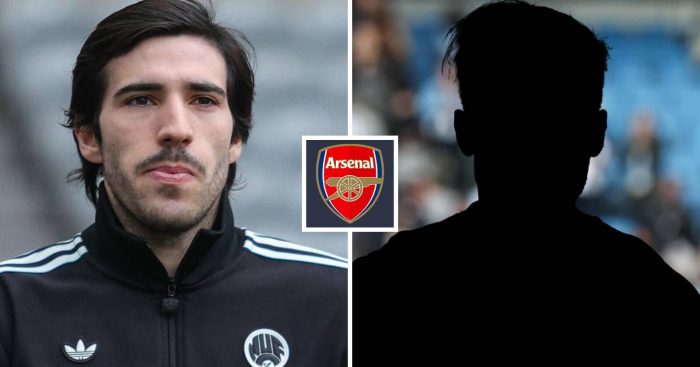 Split image of Newcastle United midfielder Sandro Tonali and a shadow with the Arsenal badge in between - copyright TEAMtalk