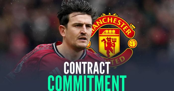 Manchester United defender Harry Maguire next to the club badge and the words 'contract commitment'