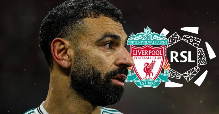 Mohamed Salah and the Liverpool badge and Saudi Pro League logo