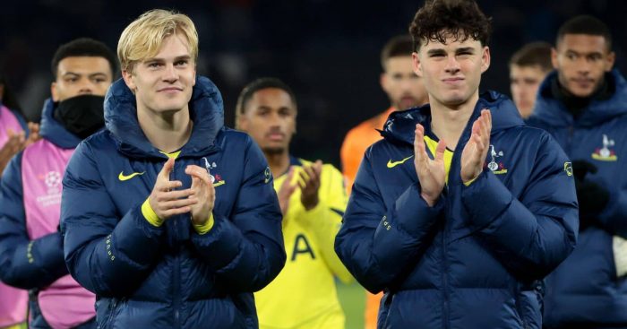 Lucas Bergvall and Archie Gray clapping after a Tottenham match