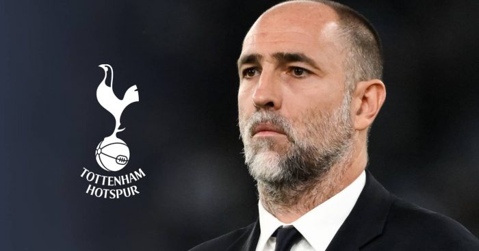 The Tottenham badge on an image of Igor Tudor