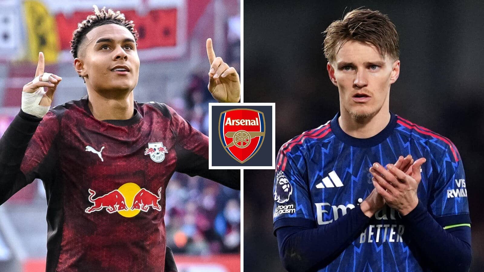 Split image of RB Leipzig winger Antonio Nusa and Arsenal midfielder Martin Odegaard with the Arsenal badge in between - copyright TEAMtalk
